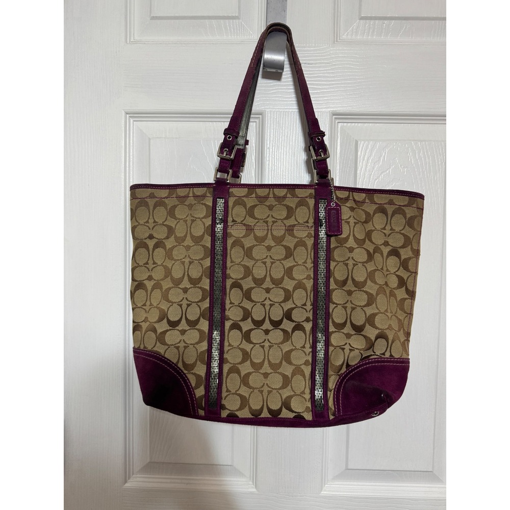 Coach Signature Gallery Tote Khaki Purple Suede Beaded Trim Bag 8K53